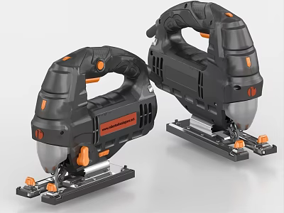 Two Industrial Handheld Electric Jigsaw Tools With Black And Orange Design And Metal Base 3d model