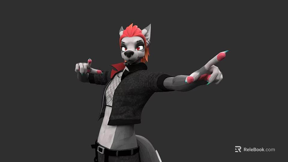 Wolf Character With Red Hair Black Jacket Extended Arms And Painted Nails 3d model 