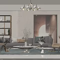 Modern Sofa And Coffee Table Set With Chandelier Artwork Armchair And Pillows In Living Room