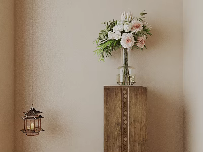 Decorative Bonsai Plant On Wooden Cabinet With Lantern Light And Beige Wall Background 3d model