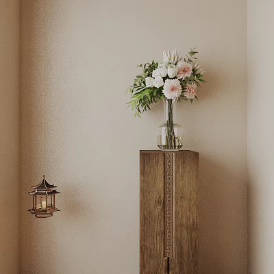 Decorative Bonsai Plant On Wooden Cabinet With Lantern Light And Beige Wall Background 3d model