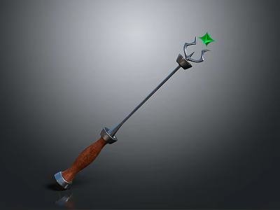Fantasy Trident Weapon 3D Model With Wooden Handle Metal Shaft And Green Star Gem 3d model