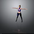 Woman in Blue Halter Top and Black Tight Pants with Arms Outstretched on Gray Background