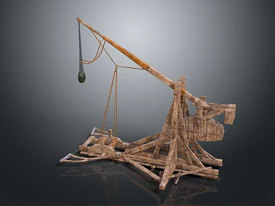 Ancient Medieval Weapon Wooden Catapult With Hanging Arm Stone Projectile And Support Frame 3d model