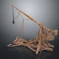 Ancient Medieval Weapon Wooden Catapult With Hanging Arm Stone Projectile And Support Frame