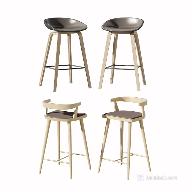 Modern Bar Stools With Wooden Legs And Varied Backrest Designs For Home Use 3d model 