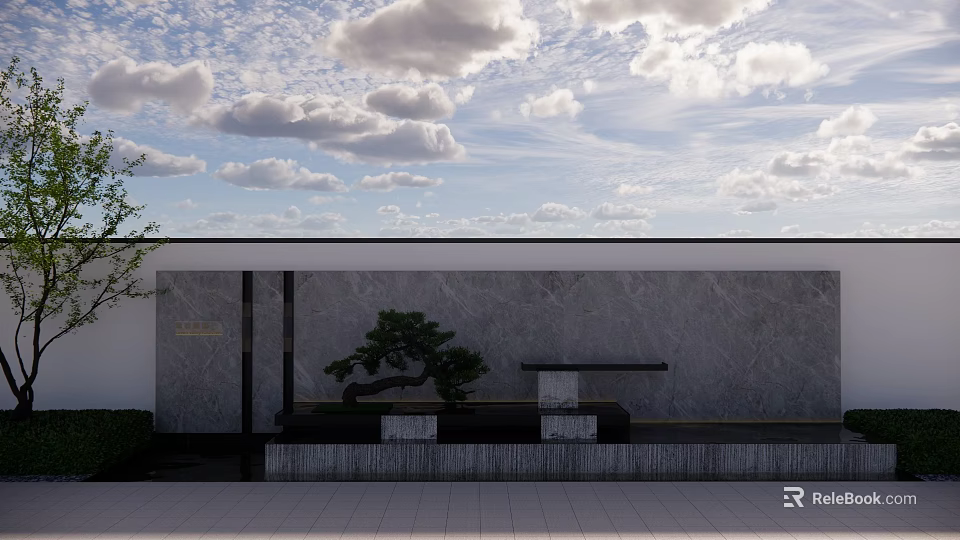 Modern Garden Landscape Design With Gray Wall Bonsai Tree Stone Bench And Cloudy Sky 3d model 