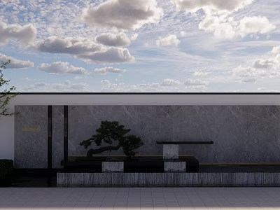 Modern Garden Landscape Design With Gray Wall Bonsai Tree Stone Bench And Cloudy Sky 3d model