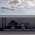 Modern Garden Landscape Design With Gray Wall Bonsai Tree Stone Bench And Cloudy Sky