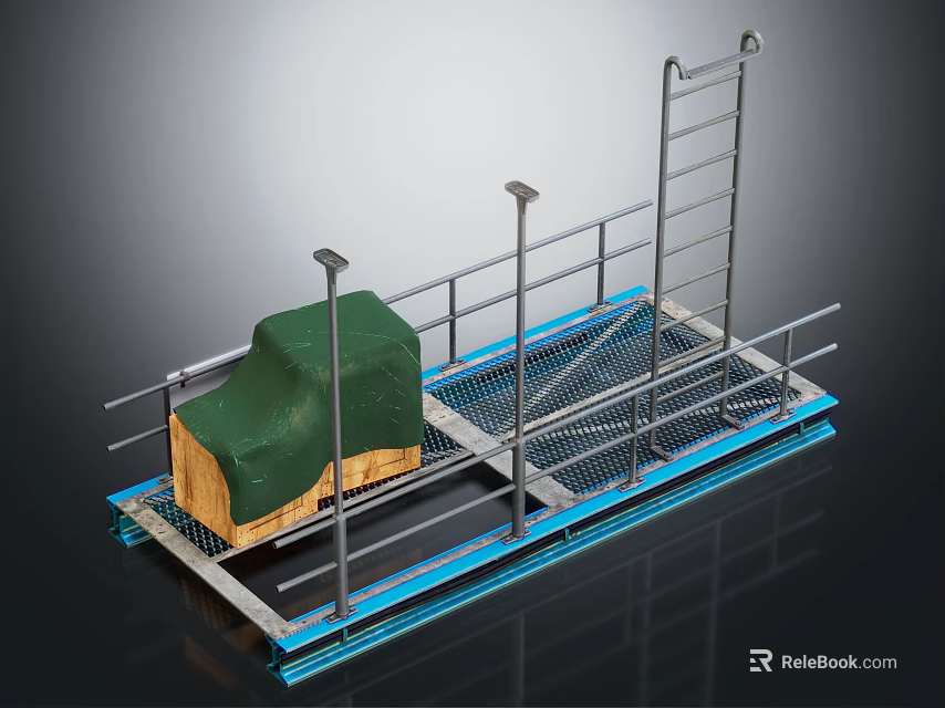 Metal Platform with Railings and Ladder Green Covered Cargo Blue Base Structure 3d model 