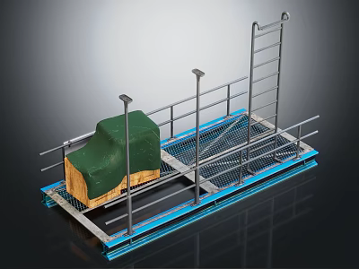 Metal Platform with Railings and Ladder Green Covered Cargo Blue Base Structure 3d model
