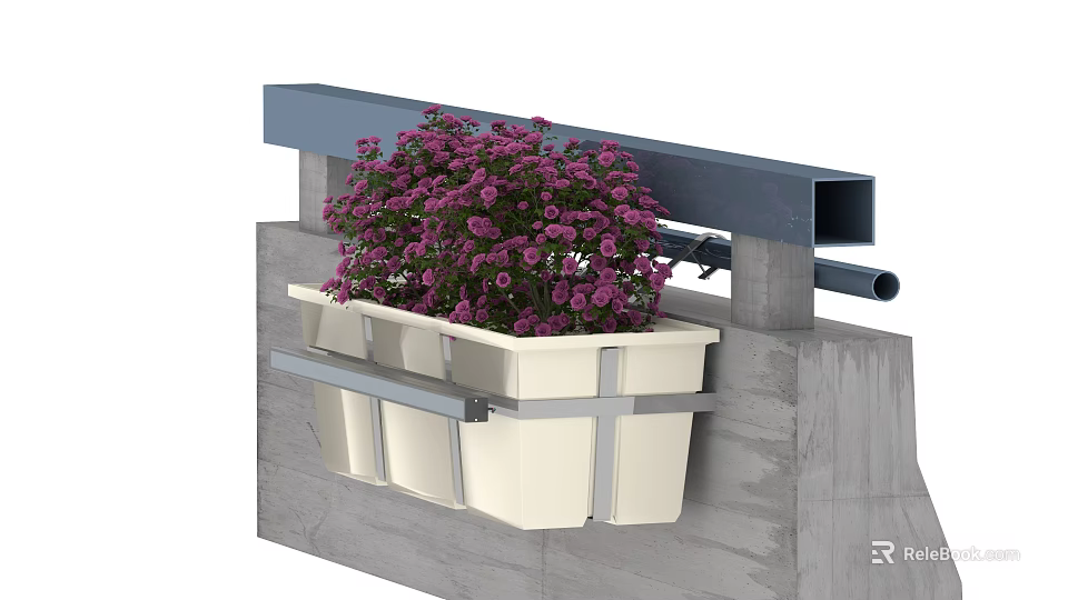 Garden Landscape Design With Hanging Flower Pot Purple Flowers Concrete Structure And Metal Bracket 3d model 