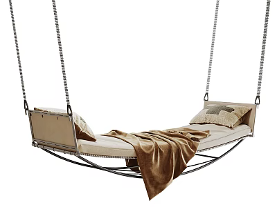 Comfortable Swing Chair With Hanging Chains Metal Frame Beige Cushions And Brown Blanket 3d model