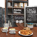 Café Interior with Chalkboard Menus Wooden Bar Counter Coffee Cups and Hand Drawn Art