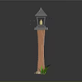 Unique Tower Like Wall Decor With Gray Roof Brown Pillar Green Grass And Birds