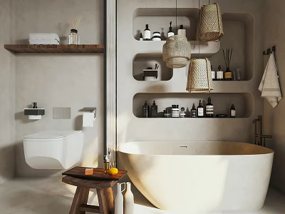Modern Bathroom Interior With Freestanding Bathtub Wall-mounted Toilet Wooden Shelf And Hanging Lights 3d model