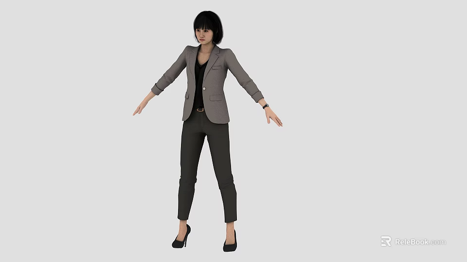 Woman In Gray Blazer Black Top And Pants With Black High Heels Arms Outstretched 3d model 