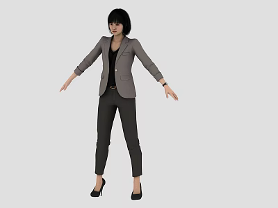 Woman In Gray Blazer Black Top And Pants With Black High Heels Arms Outstretched 3d model