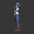Anime Style Girl With Blue Hair Holding White Electric Bass Guitar In School Uniform Outfit