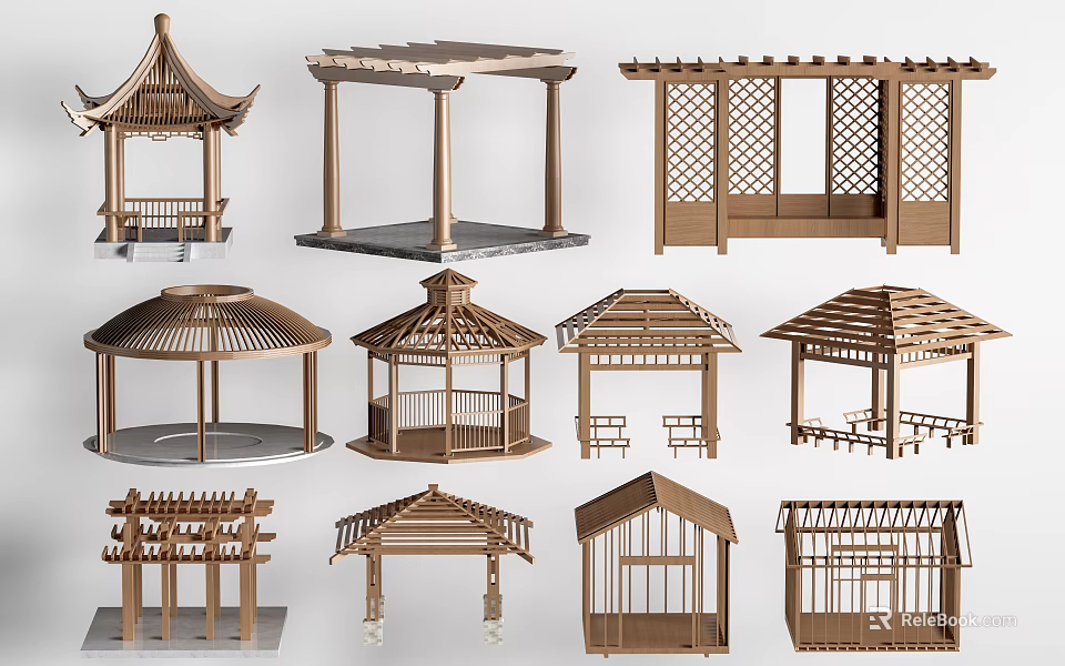 Various Traditional Wooden Outdoor Garden Pavilion Designs With Different Structures 3d model 