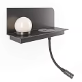 Modern Minimalist Wall Lamp with Black Metal Frame White Spherical Lampshade and Shelf