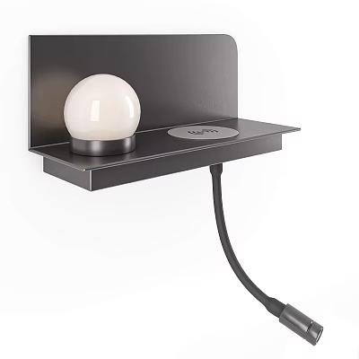 Modern Minimalist Wall Lamp with Black Metal Frame White Spherical Lampshade and Shelf 3d model