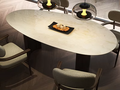 Elegant Modern Dining Table Set With Oval Marble Top Upholstered Chairs And Pendant Lights 3d model