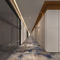 Modern Office Corridor With Glass Doors Light Colored Walls Patterned Carpet Green Plants And Lighting