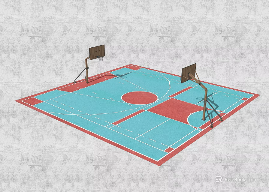 Indoor Basketball Court Interior Design With Blue Red Flooring White Lines And Hoops 3d model 