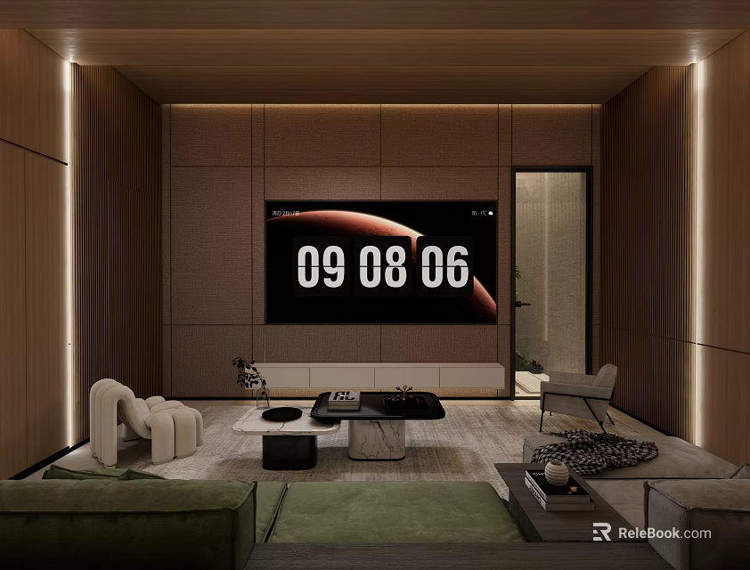 Modern Home Theater Interior With Large Screen TV Wooden Walls And Comfortable Seating 3d model 