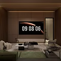 Modern Home Theater Interior With Large Screen TV Wooden Walls And Comfortable Seating