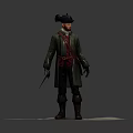 Male Human Character In Green Coat Black Hat Red Tie With Sword On Platform