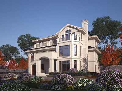 Beautiful Detached Villa Exterior With European Style Balcony Large Windows Lush Trees And Colorful Flowers 3d model