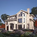 Beautiful Detached Villa Exterior With European Style Balcony Large Windows Lush Trees And Colorful Flowers