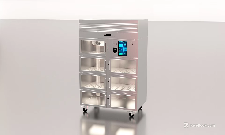Stainless Steel Storage Cabinet With Glass Doors Digital Display And Rolling Wheels 3d model 