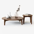 Modern Round Walnut Wood Coffee Table With White Vases Dried Branches And Books