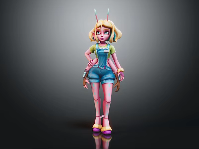 Cartoon Character With Animal Ears In Blue Overalls And Pink Top Standing 3D Render Pose 3d model