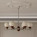 Stylish Chandelier With White Globe Shades Wooden Bases And Chrome Arms On Ornate Ceiling