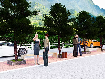 Tranquil Garden Landscape with Lush Green Trees Scenic Mountain View and Parked Cars Along Path 3d model