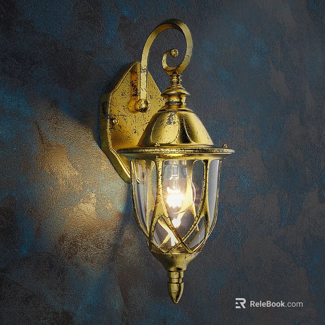 Golden Antique Wall Lamp With Glass Shade Illuminating Textured Dark Wall 3d model 