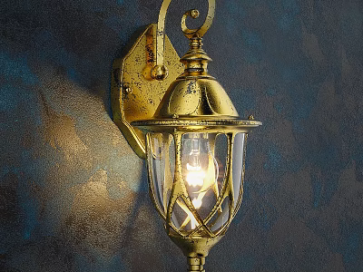 Golden Antique Wall Lamp With Glass Shade Illuminating Textured Dark Wall 3d model