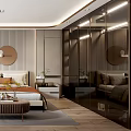 Modern Bedroom Interior Design With Bed Headboard Round Mirror Bedside Tables Wall Light And Rug