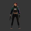 3D Female Character Front And Back View Red Hair Green Black Outfit Backpack Weapon