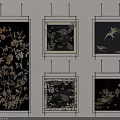 Hanging Plant Paintings With Various Frames Black Backgrounds And Gold White Floral Details