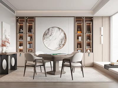 Hotel Chess Room Interior With Round Table Chairs Wooden Bookshelves And Circular Marble Decor 3d model