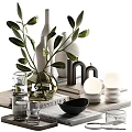 Decorative Ornament Set With Green Leaves Transparent Vases Candles Sphere Decor And Books