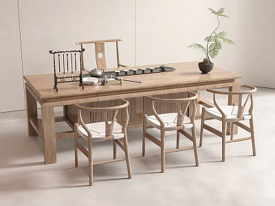 Minimalist Wooden Tea Table and Chairs with Tea Set and Green Plant 3d model