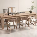 Minimalist Wooden Tea Table and Chairs with Tea Set and Green Plant