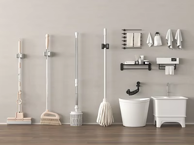 Bathroom Accessories With Mop Broom Cleaning Tools Towel Rack Towels Sink And Toilet Brush 3d model