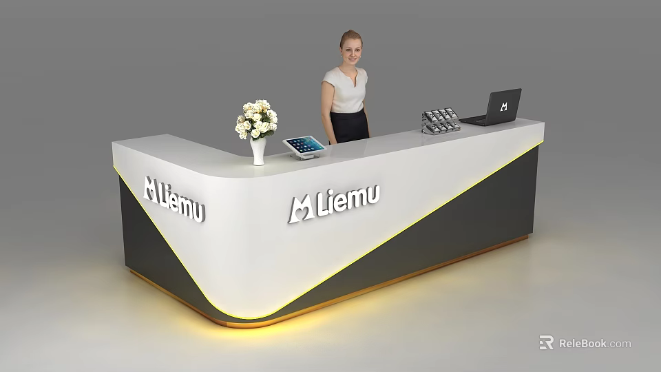 Modern Liemu Reception Desk With White Flower Tablet And Laptop 3d model 